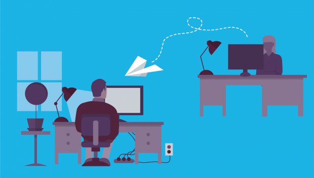 A graphic showing two people sat at their desks with a paper airplane travelling between their computers