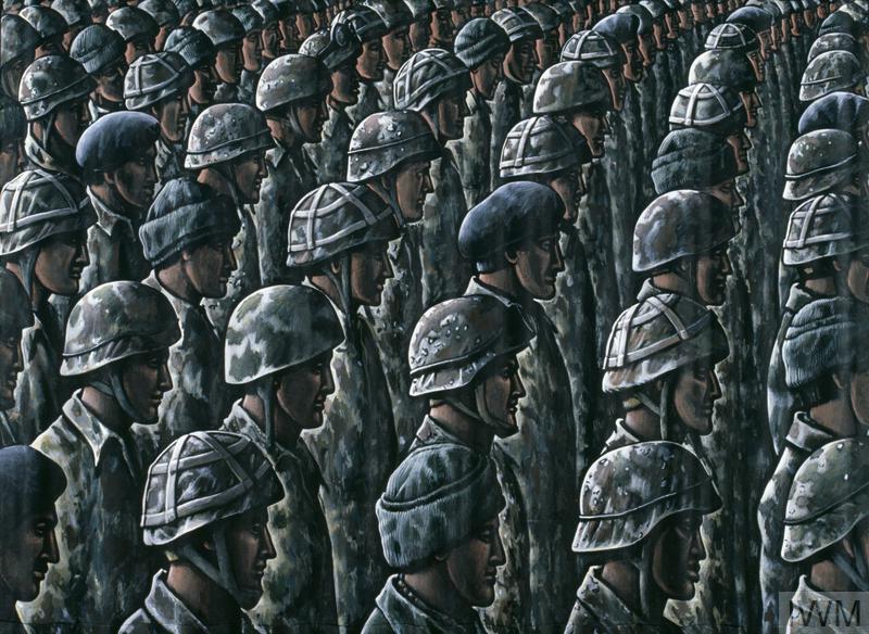 lines of Gulf warPainting of soldiers in formation, with only their heads and shoulders visible
