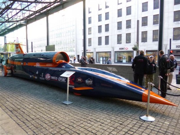 A mock-up of the Bloodhound supersonic car parked outside BIS offices.