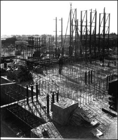 Black and white image of the Windscale piles being constructed in the 1940s
