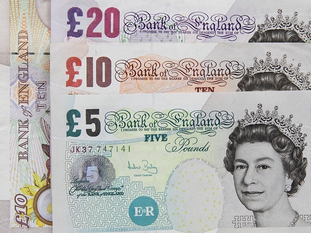 a £5 note, a £10 note and a £20 note