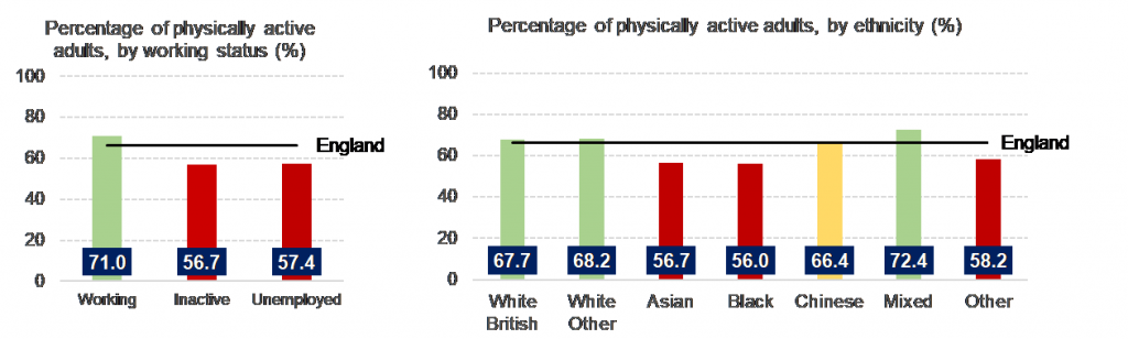 Two bar graphs. One shows the percentage of physically adults by working status. This shows adults in work are more active than those who are unemployed. Second graph shows percentage of physically active adults by ethnicity, with white British and mixed ethnicity being the most active and black and asian ethnicities the least. 