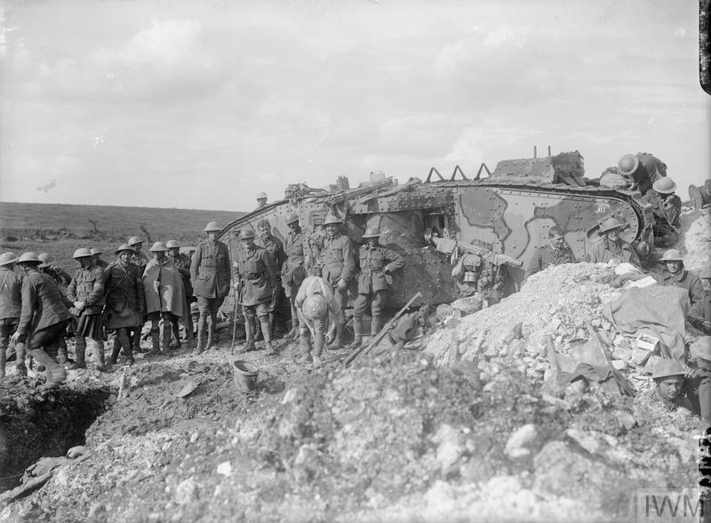 Battle of Flers-Courcelette. A Brigadier and his staff outside Tank 17 of D Company, which was used as his Headquarters. Near Flers, 21st September 1916.