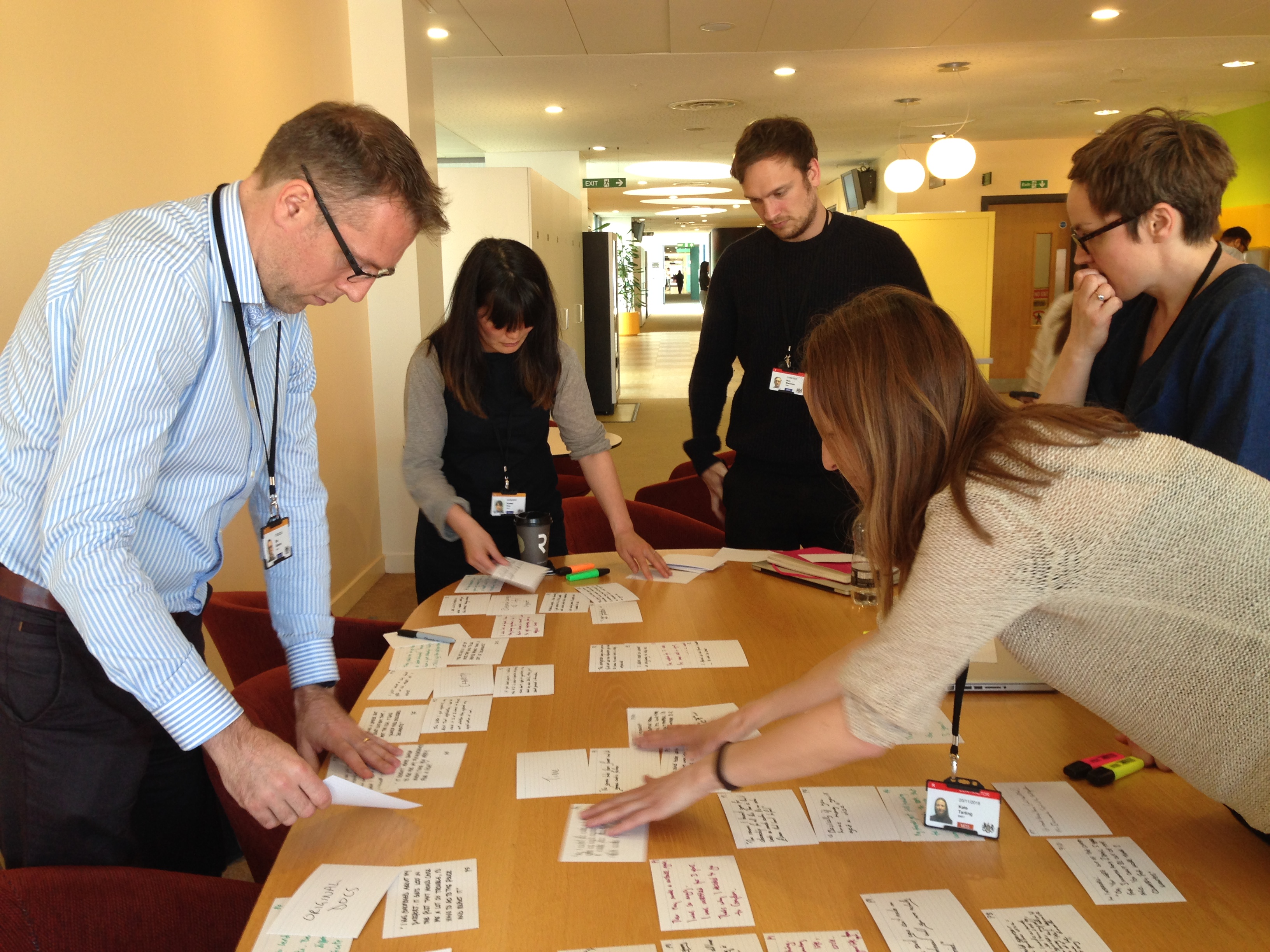 A group of 5 colleagues working collaboratively on a design process.
