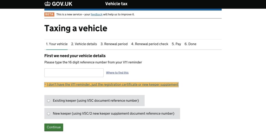 Taxing a vehicle online service start page giving users the option to say if you're an existing keeper or a new keeper