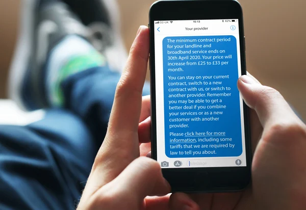 An example of a SMS notification a customer would receive before their contract comes to an end