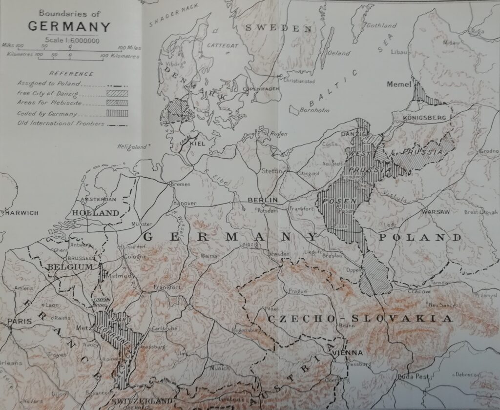 A map of old germany, post-war boundaries of Germany, indicating land ceded and areas for plebiscite