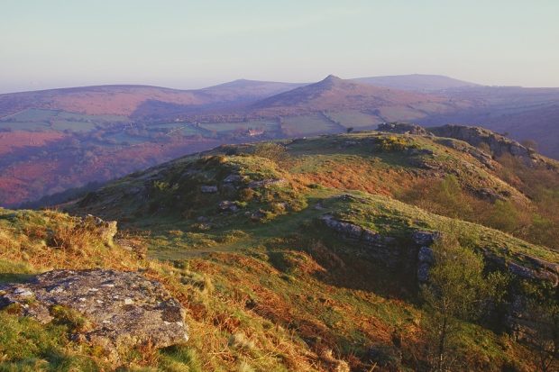 Green and verdant hills in Dartmoor National Park