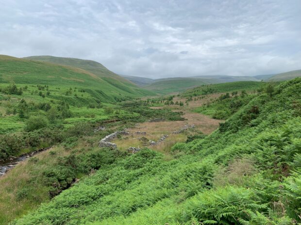 Landscape shot down a valley, with rolling green hills on either side and in the distance. The sky is dark and cloudy. There are some stone walls in the foreground and a small river in the left of the picture.