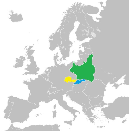Countries of Europe in 1939 with old countries highlight in the middle area, highlighted are Poland, Moravia and Bohemia and Slovakia