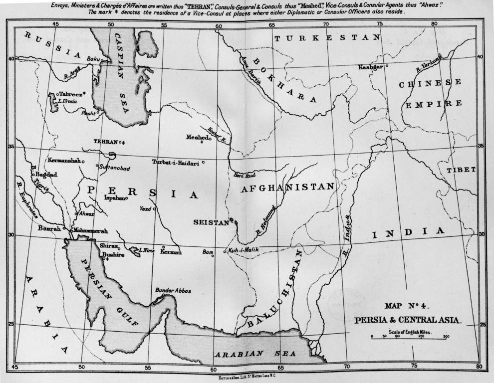 Old 1907 map of Central Asia, including Persia, Aghanistan, Bokhara, Turkestan, Chinese Empire