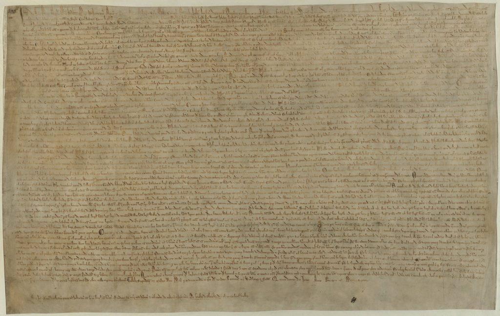 Magna Carta, agreed by King John and the barons of England on 15 June 1215: British Library, Shelfmark: Cotton MS Augustus ii.106 
