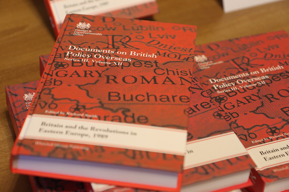 Red hard back-books positioned on top of each other. The cover title is: Documents on British Policy Overseas. Series III. Volume XII. Edited by Richard Smith.'