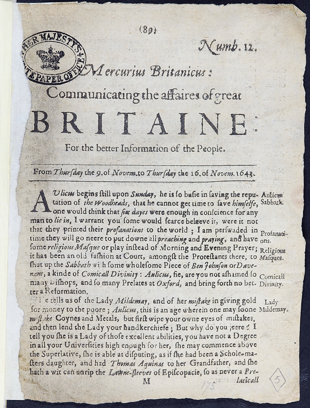 Page is headed: Mercurius Britanicus: Communicating the affaires of great Britaine for the better information of the people'.