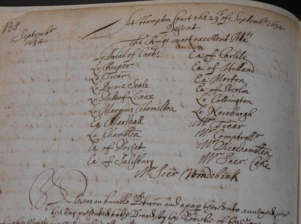 The List of Privy Councillors and the King in attendance at a meeting of the Council at Hampton Court on the 29th September 1634 (The National Archives: PC 2/44, p.138).