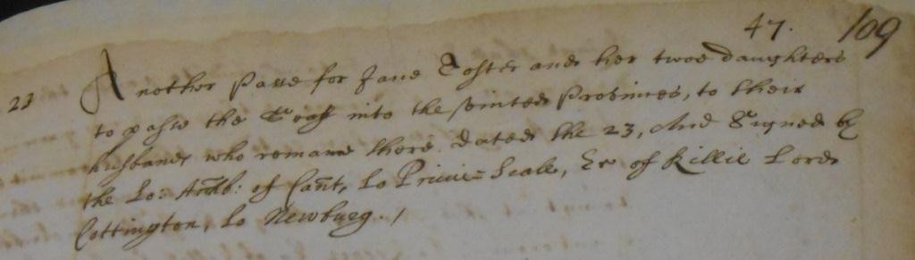 Entry authorising a pass authorised for Jane Toster and her daughters (The National Archives, Catalogue reference: PC 2/44, p.109).