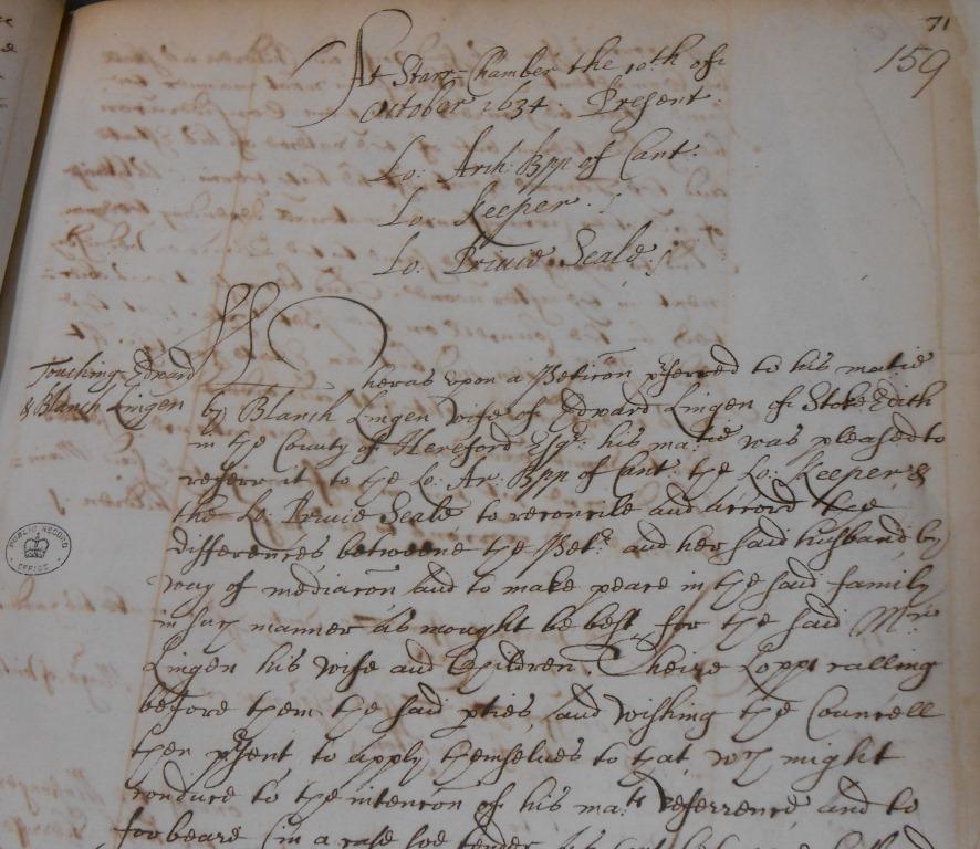 Entry in the registers relating to the dispute between Blanche and Edward Lingen (The National Archives, Catalogue reference: PC 2/44 pp.159-160).