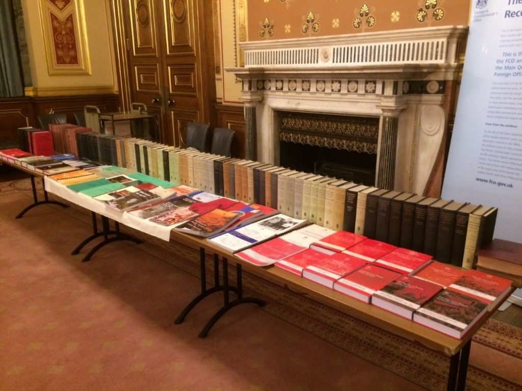 A century’s worth of publications from FCO, lots of old books, lined up