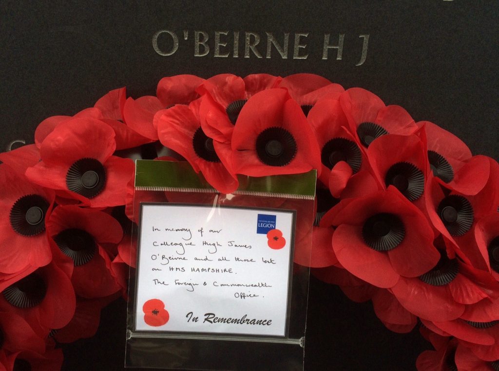 A poppy wreath laid on the memorial for O'Beirne