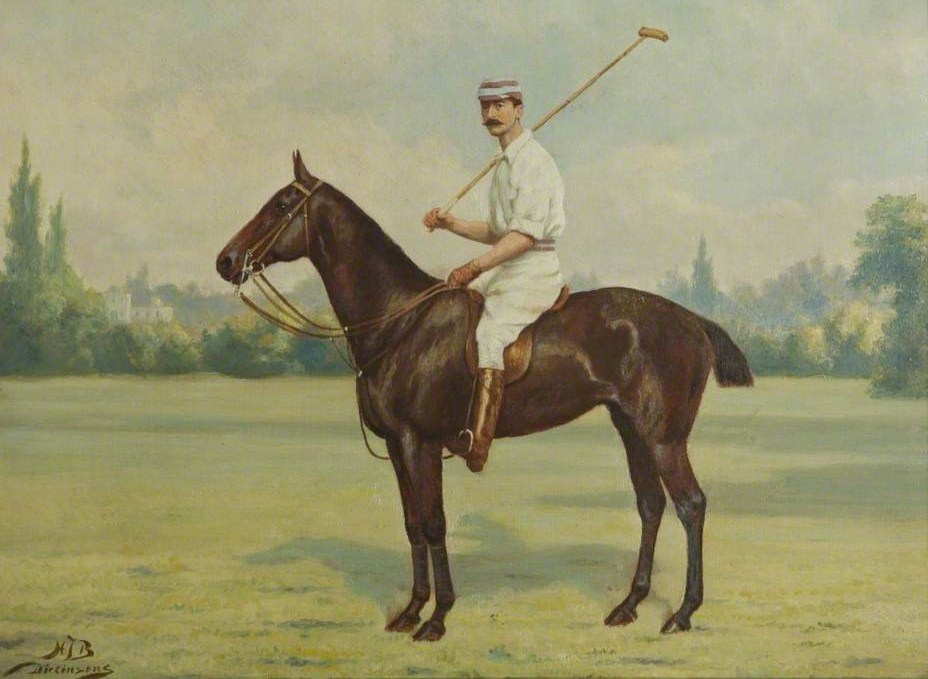 William Hall Walker is sitting on the horse known as 'The Flirt' . Walker is dressed to play polo, and in his right hand he carries a polo stick.