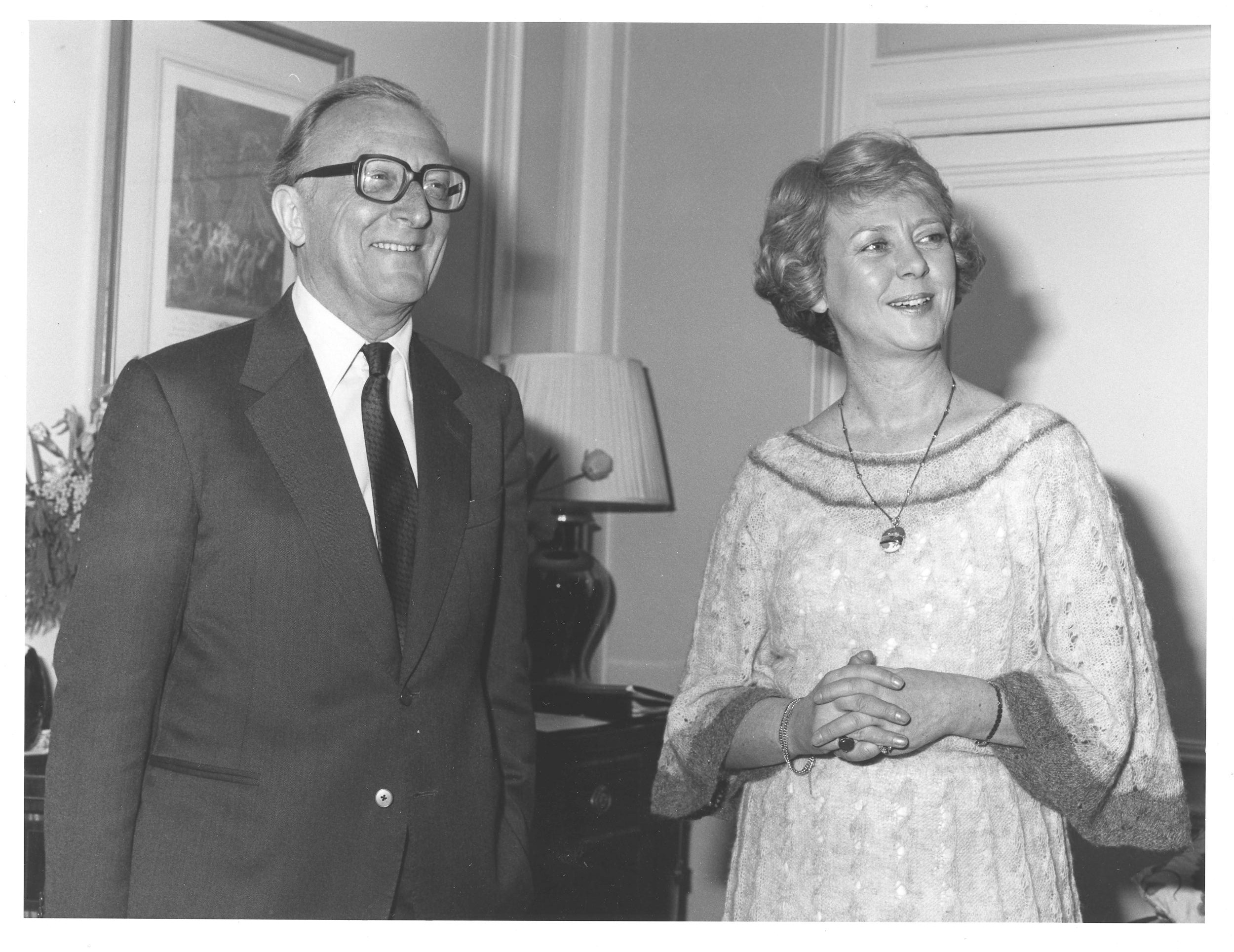 Carrington stood next to the President of Iceland in a black and white photo