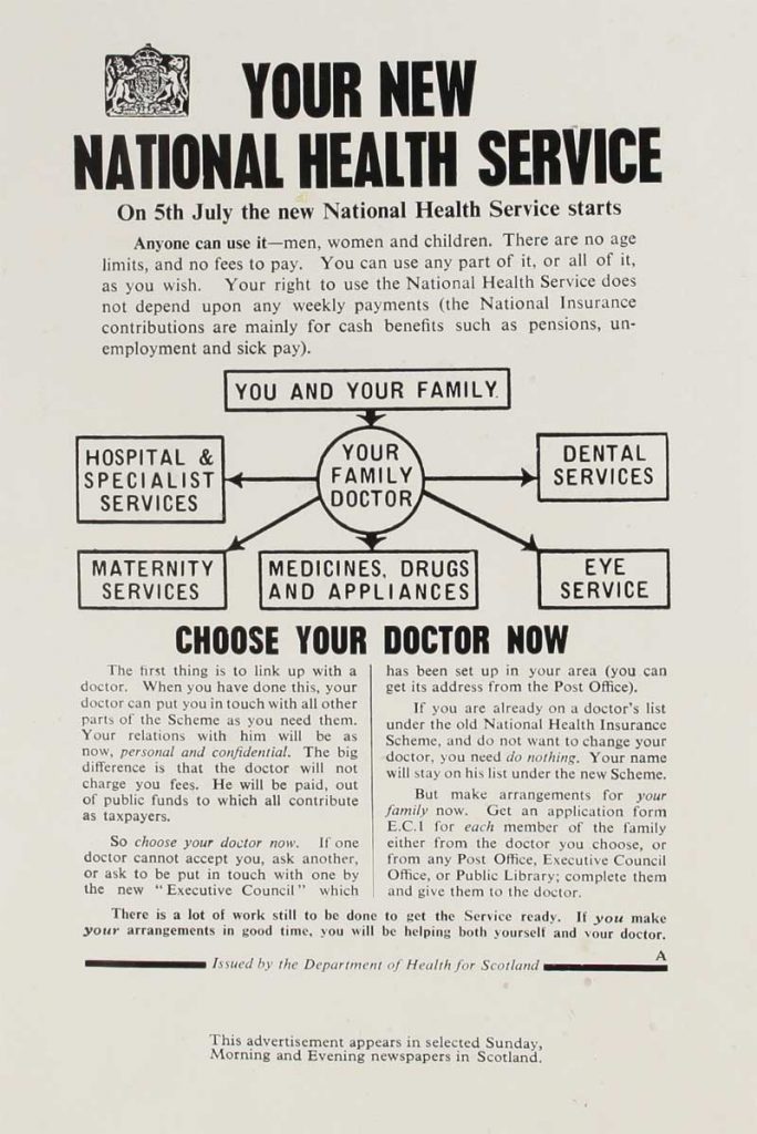 National Health Service leaflet, May 1948 is headed 'Your New National Health Service' with the byline: 'On 5th July the new National Health Service starts'. It includes the exhortation: 'Choose your Doctor Now'