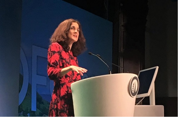 Environment Secretary, Theresa Villiers, standing behind a lectern delivering her speech at Oxford Farming Conference 2020