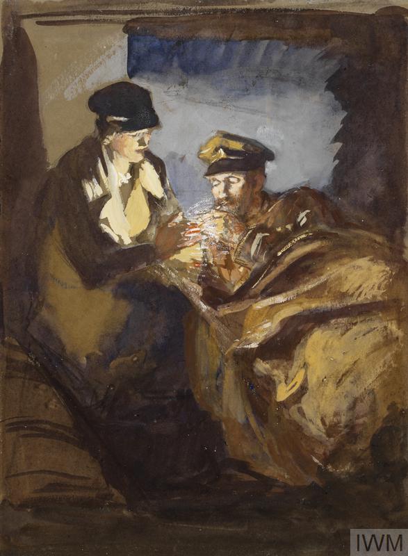 a soldier is lying propped on his elbow in an enclosed space, while a female figure in uniform lights his cigarette.