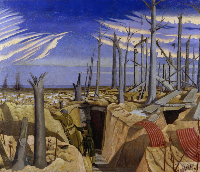 the lower half of the composition has a view inside a trench with duckboard paths leading to a dug-out. Two infantrymen stand to the left of the dug-out entrance, one of them on the firestep looking over the parapet into No Man's Land. There is a wood of shattered trees littered with corrugated iron and planks at ground level to the right of the composition. The sky stretches above in varying shades of blue with a spectacular cloud formation framing a clear space towards the top of the composition.