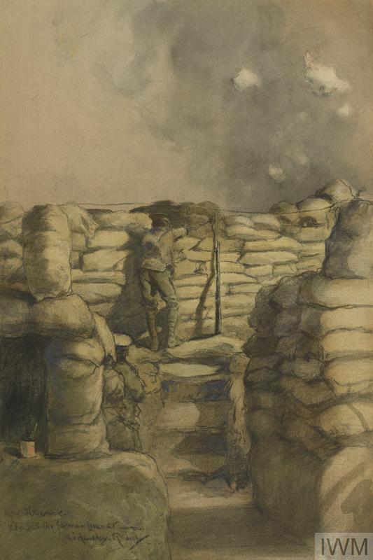 a British infantryman on observation duty in a trench on the Western Front. The man stands at a heavily sandbagged parapet looking through a loophole out into No Man's Land. He stands with his back to the viewer, his rifle, with bayonet attached, propped up against the parapet beside him. Three dirt steps lead up to his position, which appears to be elevated to form an observation post. The surrounding walls of the trenches are also piled high with sandbags.