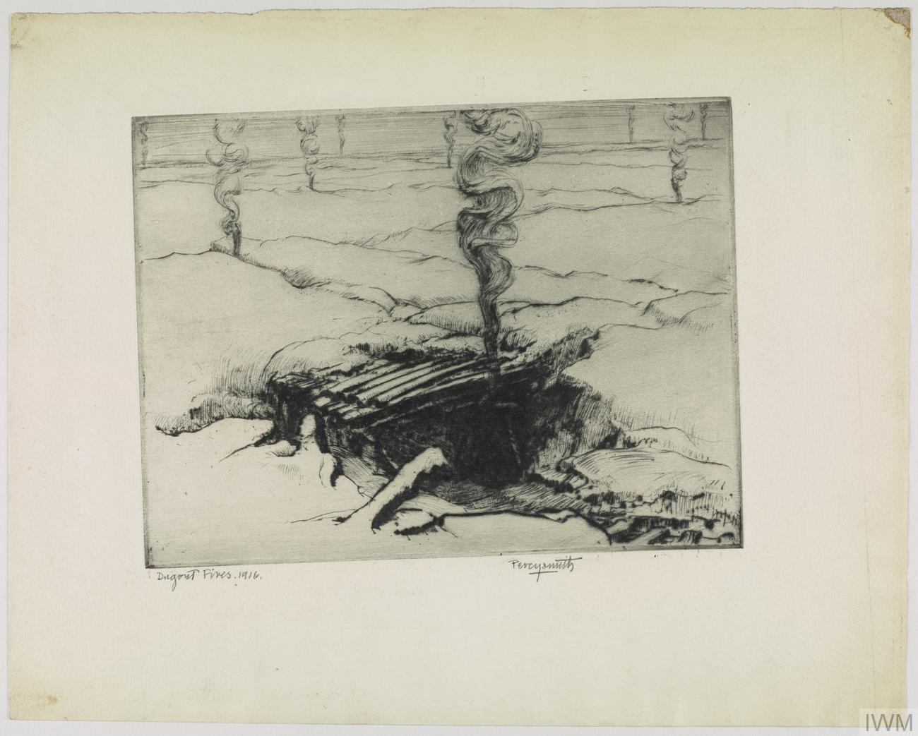 A view across a barren, snow-covered battlefield punctuated with wisps of smoke from dugout fires. There is a dugout in the foreground with smoke rising from the dark interior.