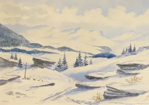 a view of the Asiago Plateau in the Italian Alps. The ground is completely covered by snow, with a single wooden cross marking a grave in the left foreground. There are several small rocky ledges in the foreground and many trees in the middle distance, including a dense forest towards the left. On the horizon are the slopes and peaks of the mountains.