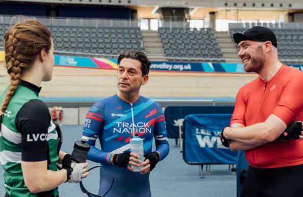 People chatting by the indoor track at Lee Valley VeloPark