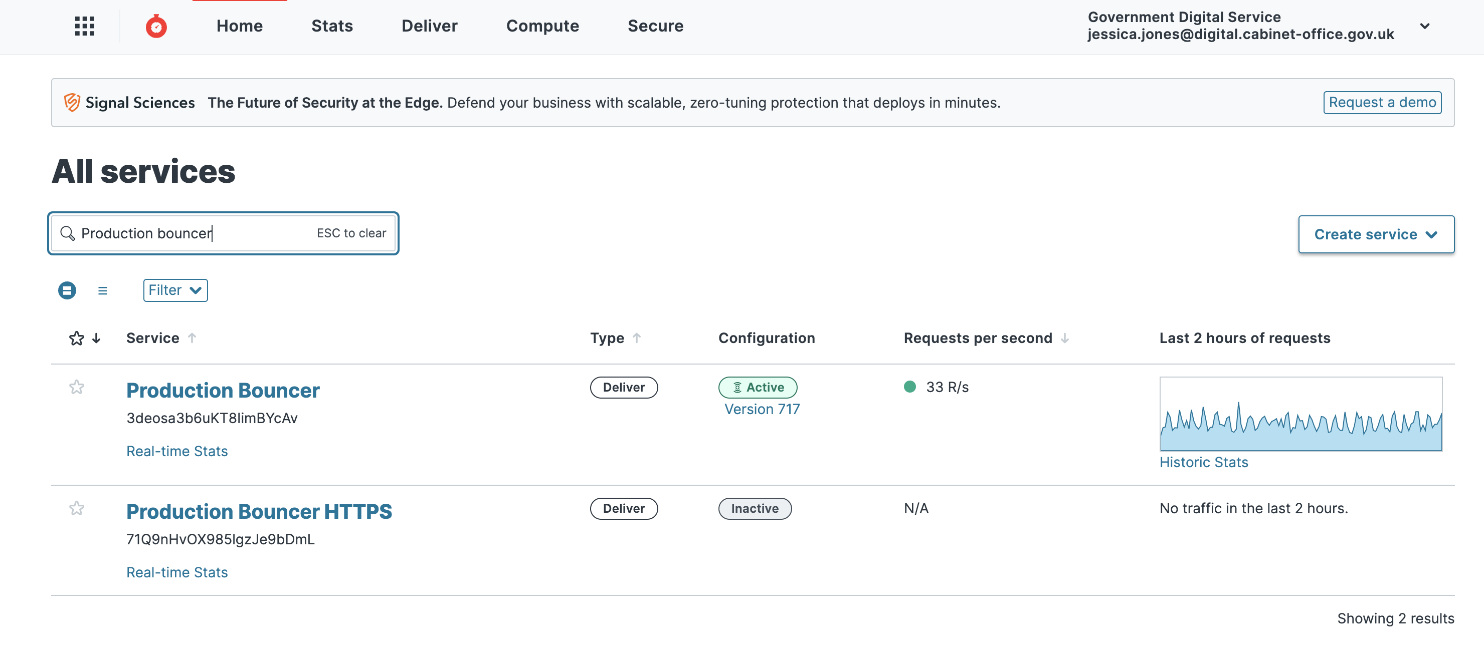 Screenshot of the Fastly website user interface on the "Home" tab. The words "Production bouncer" have been typed in the search bar, which has shown two results: Production Bouncer and Production Bouncer HTTPS.