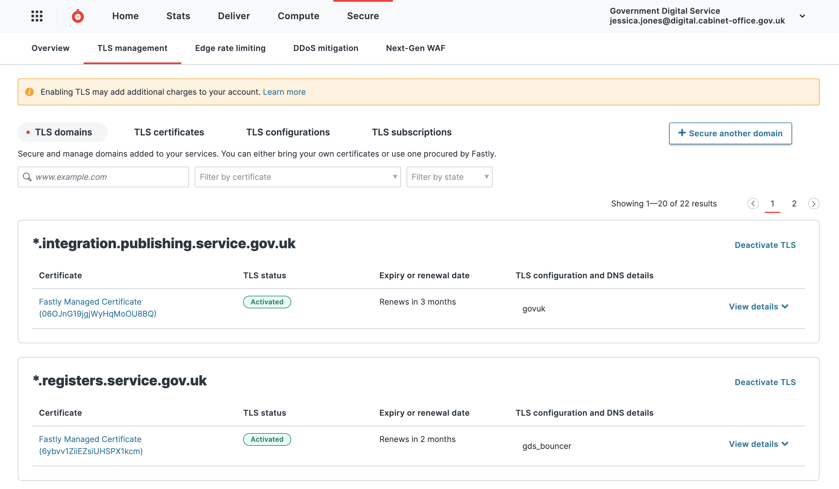 Screenshot of the Fastly website user interface on the "TLS management" tab which is nested under "Secure". There is a button in the top right labelled "+ Secure another domain".