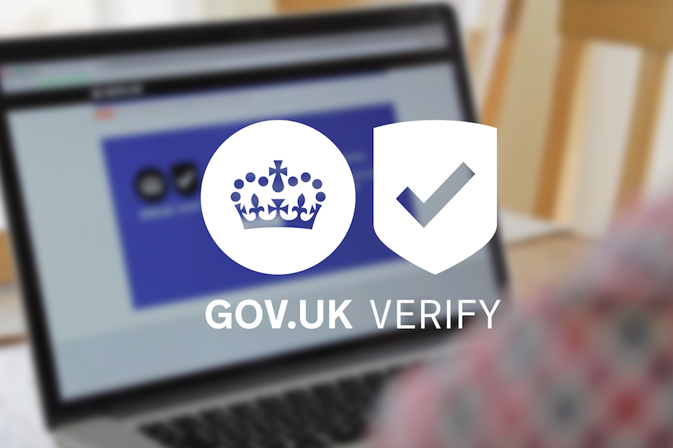 GOV.UK Verify logo superimposed on image of laptop computer and user's shirtsleeve