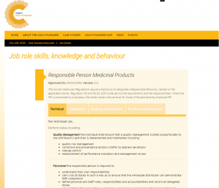 Extract from the Cogent Gold Standard detailing the job role, skills, knowledge and behaviour of the Repsonsible Person