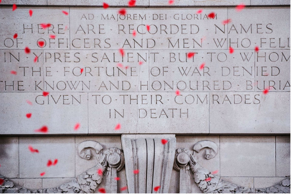 Poppies falling in front of the Thiepval Memorial