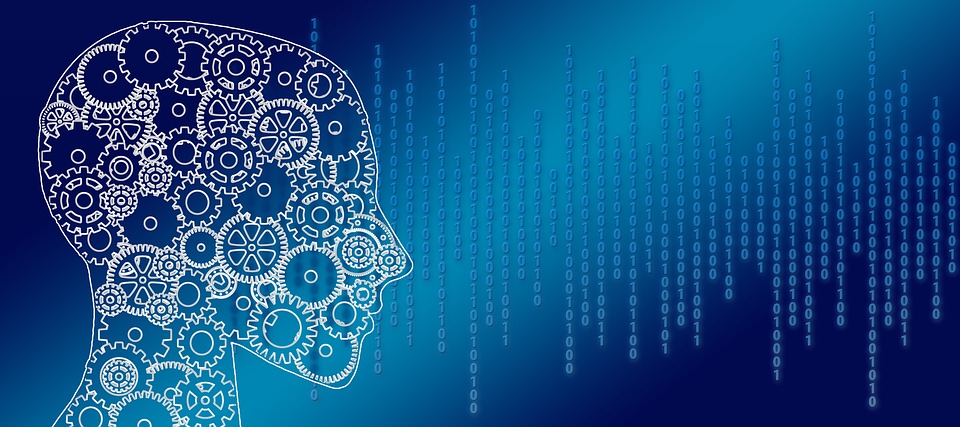 Human head, cogs and binary code, representing information processing