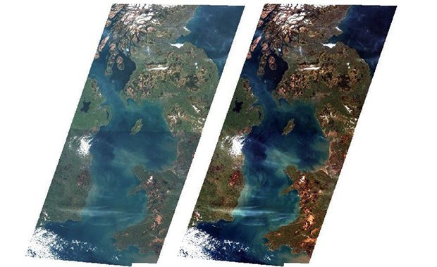 Sentinel-2 images before (left) and after (right) processing to normalise the effects of atmospheric aberration