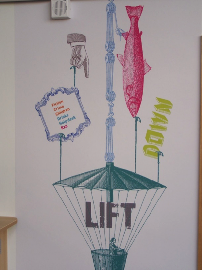 Graphic on the wall by the lift in Stapleford library.