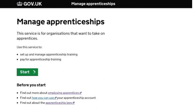 Screen shot of the Apprenticeships service on GOV.UK.. Screen shot shows the welcome page of the 'manage apprenticeships' service for organisations who want to take on apprentices.
