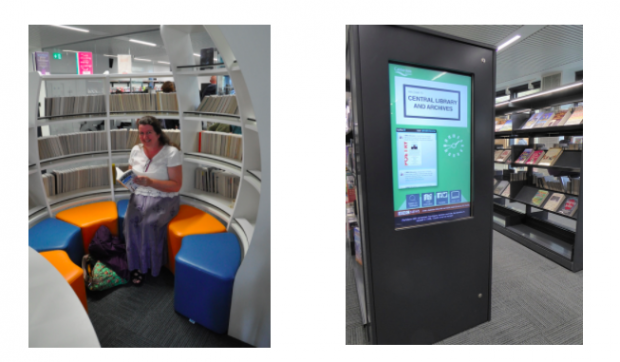 Photos of a woman sitting in a book pod and of an interactive screen in a library