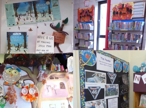 Vibrant displays in children’s sections of community libraries. Clockwise from top left: Make a stick man in Frecheville, remembering the anniversary of the Great Fire of London in Minchinhampton, illustrating Tim Peake’s achievement in Lechlade, and a woodland scene in Farnham Common.