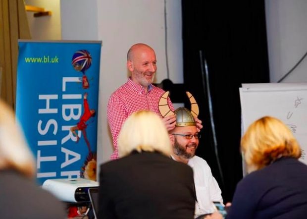 Nick Sharratt and storytelling prop - a viking helmet. Photo credit: Strong Island Media