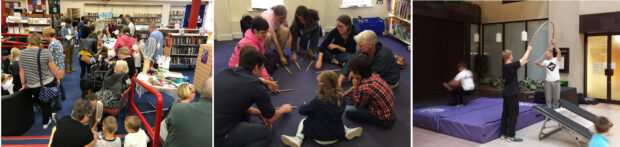 L-R full house at Witham Fun Palace, drumming at Saffron Walden Fun Palace, physical activities in Chelmsford. All photos credit: Essex Libraries