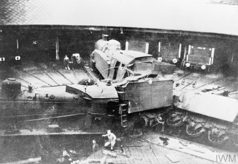 Wrecked locomotives in an engine shed at the Annemasse railway depot after being sabotaged by members of the French Resistance.