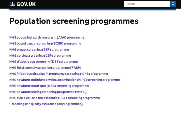 The screening homepage on GOV.UK listing all 11 population screening programmes.