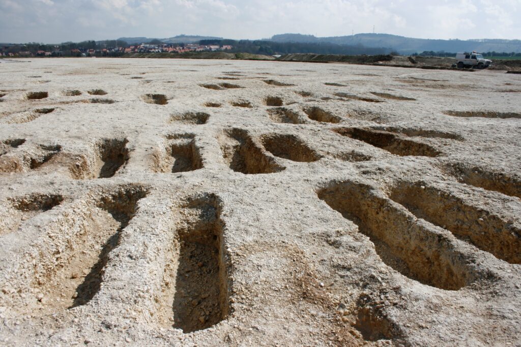 A large chalky area covered with various rectangular holes, which are the Saxon graves.