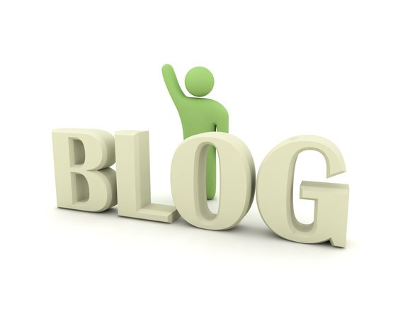 An illustration of the word blog with a person behind it waving.